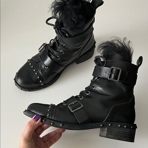 Zara Black Studded LEATHER Combat Boots 40 fits US 9